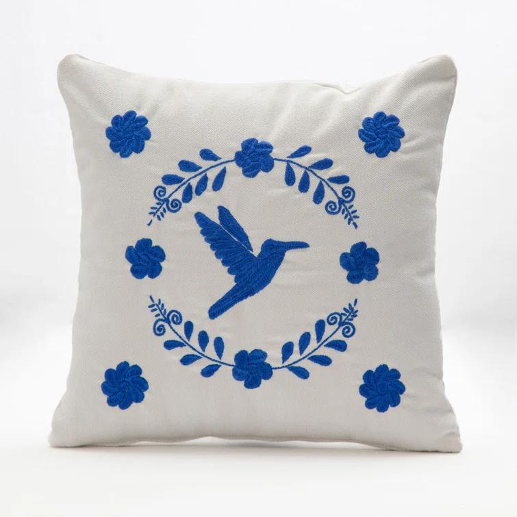 Ivory Velvet Square Embroidered Throw Pillow Set with Blue Floral Design