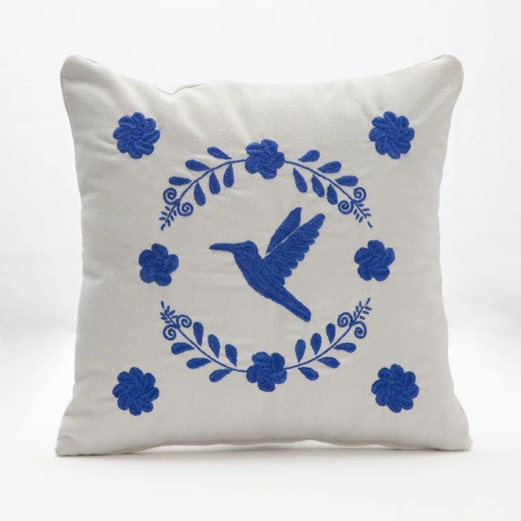 Ivory Velvet Square Embroidered Throw Pillow Set with Blue Floral Design