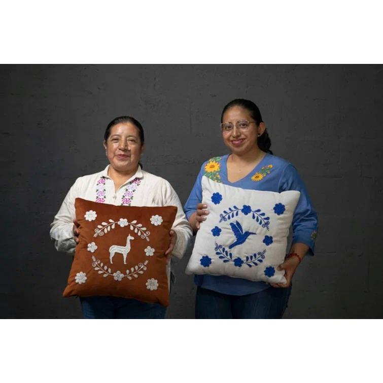 Ivory Velvet Square Embroidered Throw Pillow Set with Blue Floral Design