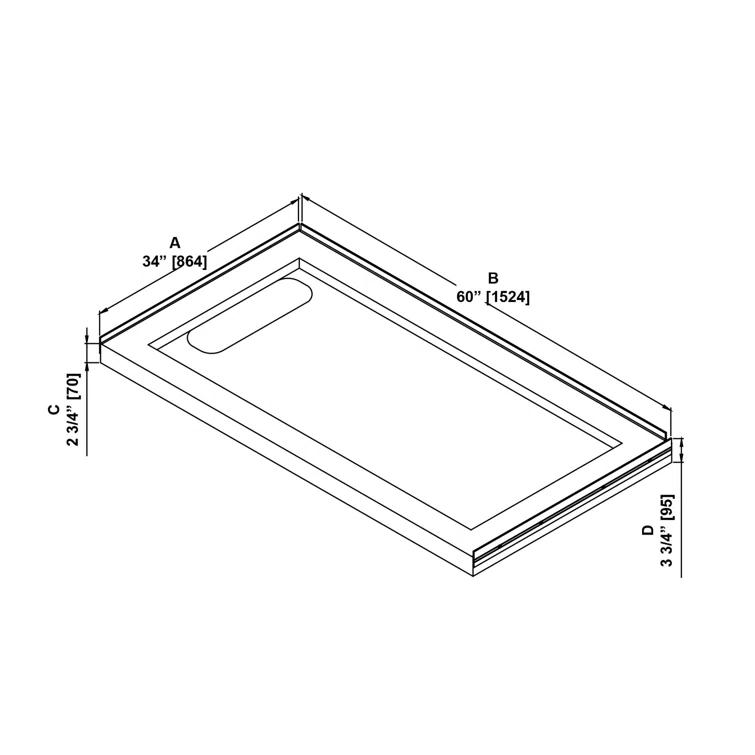 OVE Decors 60" x 34" Rectangle Shower Base Pan, White Acrylic, Hidden Side Drain, Reversible Design