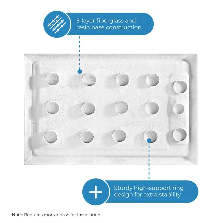 OVE Decors 60" x 34" Rectangle Shower Base Pan, White Acrylic, Hidden Side Drain, Reversible Design