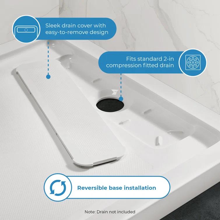 OVE Decors 60" x 34" Rectangle Shower Base Pan, White Acrylic, Hidden Side Drain, Reversible Design