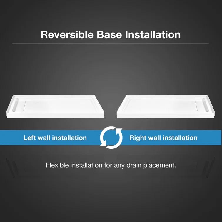 OVE Decors 60" x 34" Rectangle Shower Base Pan, White Acrylic, Hidden Side Drain, Reversible Design