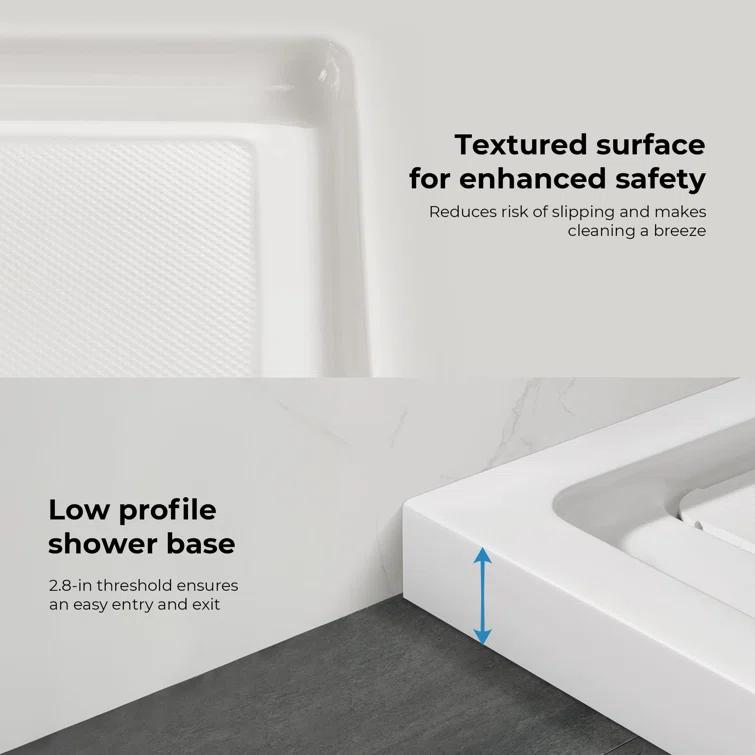 OVE Decors 60" x 34" Rectangle Shower Base Pan, White Acrylic, Hidden Side Drain, Reversible Design