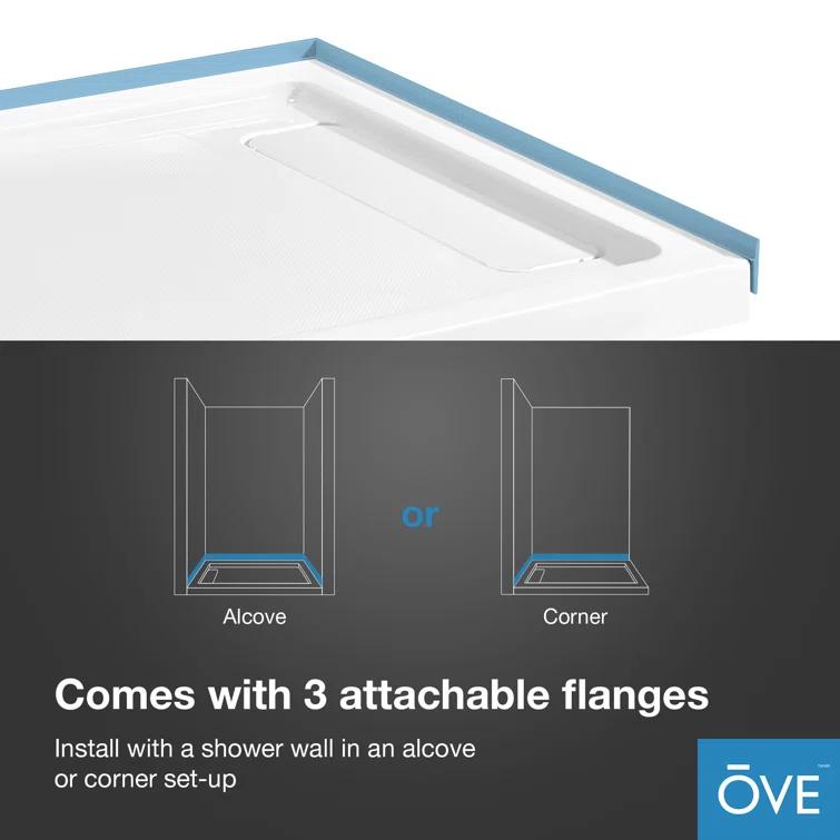 OVE Decors 60" x 34" Rectangle Shower Base Pan, White Acrylic, Hidden Side Drain, Reversible Design