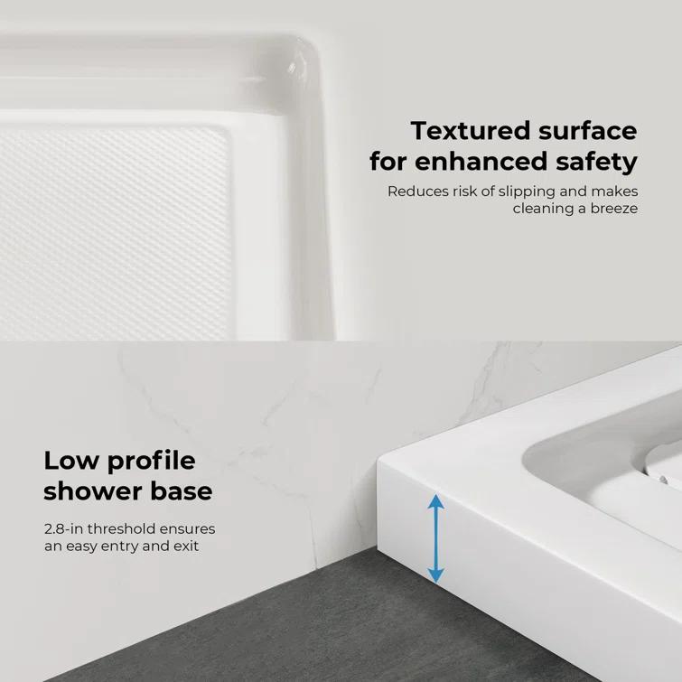OVE Decors 48" x 36" Rectangle Shower Base Pan, White Acrylic, Hidden Side Drain, Reversible Design
