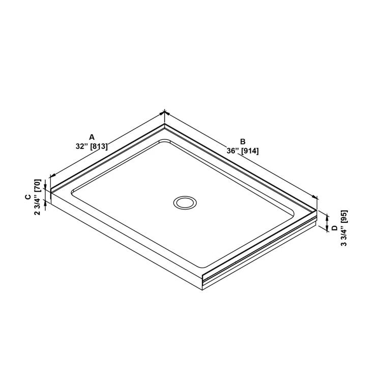 OVE Decors 36" x 32" Rectangle Shower Base Pan, White Acrylic, Center Drain, Reversible Design