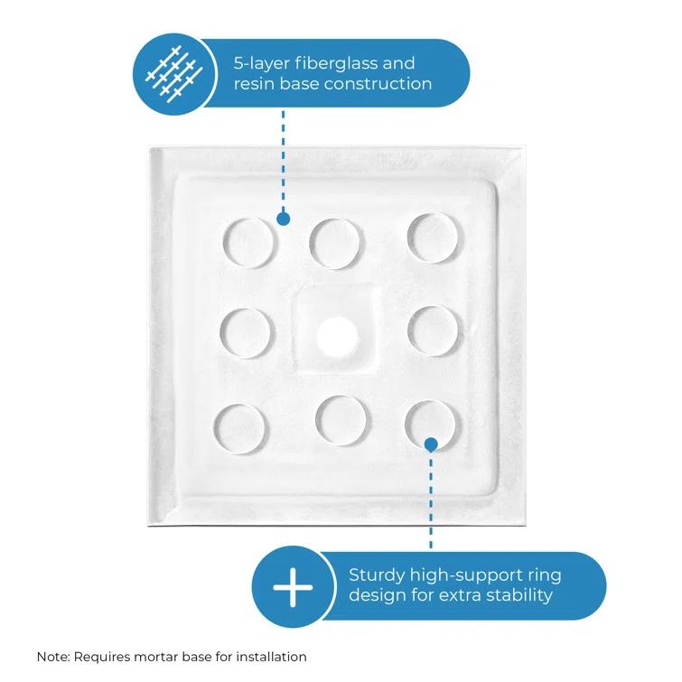OVE Decors 36" x 32" Rectangle Shower Base Pan, White Acrylic, Center Drain, Reversible Design