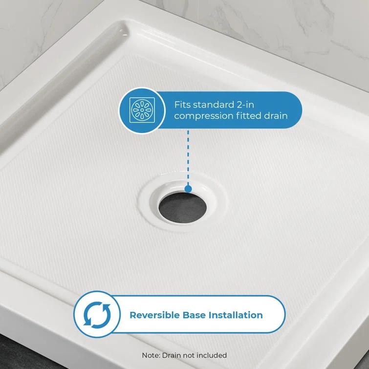 OVE Decors 36" x 32" Rectangle Shower Base Pan, White Acrylic, Center Drain, Reversible Design