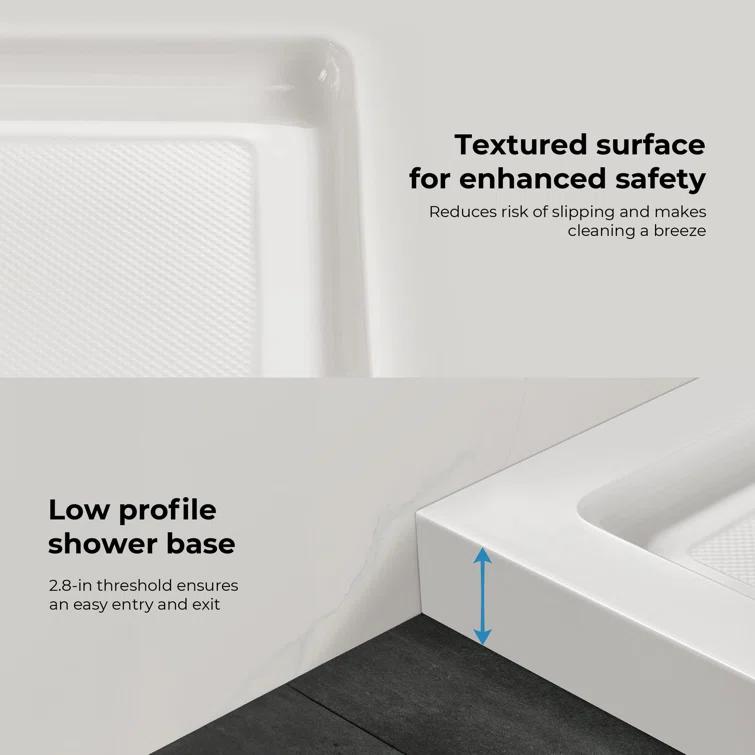 OVE Decors 36" x 32" Rectangle Shower Base Pan, White Acrylic, Center Drain, Reversible Design