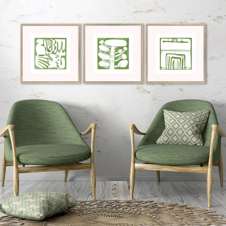 Green and White Abstract Canvas Art Set with Gold Frame
