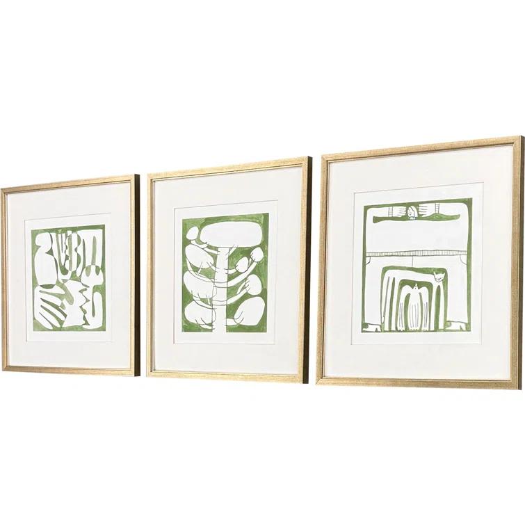 Green and White Abstract Canvas Art Set with Gold Frame