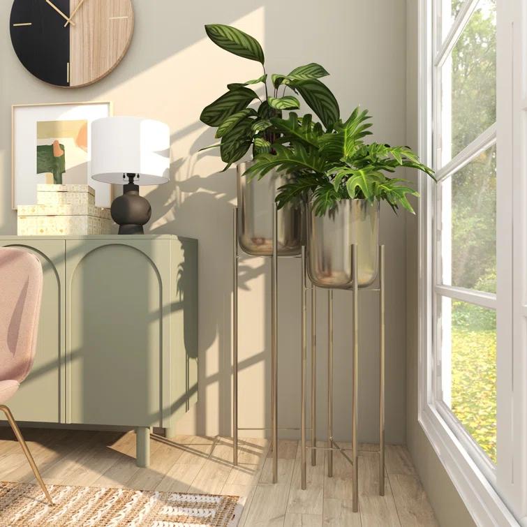 CosmoLiving by Cosmopolitan 2 - Piece Silver Metal Tall Indoor Outdoor Dome Indoor Outdoor Planter with Removable Stand Set