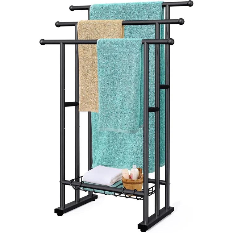 40" High Black 3 Tier Free Standing Towel Rack with Basket - Alloy Steel Stand for Drying & Displaying Oversized Bath Towels in Bathroom, Next to Tub or Shower