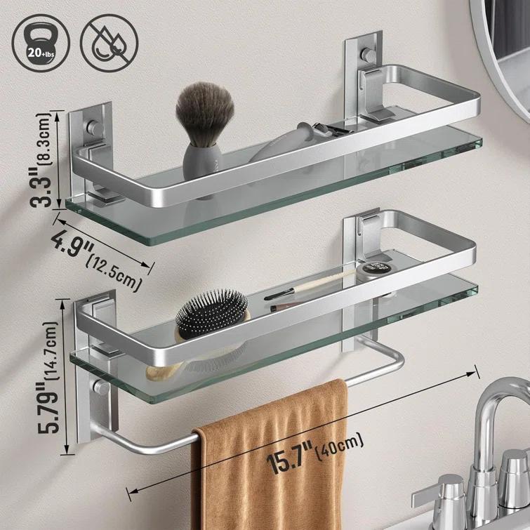 Matte Silver Bathroom Shelves Wall Mounted- Clear Tempered Glass Shelf with Towel Bar and Hand Towel Holder