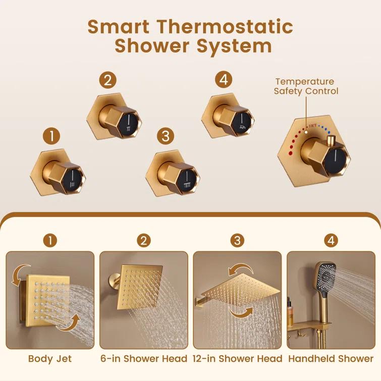 Wall Mounted Dual Shower Head Thermostatic Rainfall Shower System with 3 Body Jets and Storage Shelf