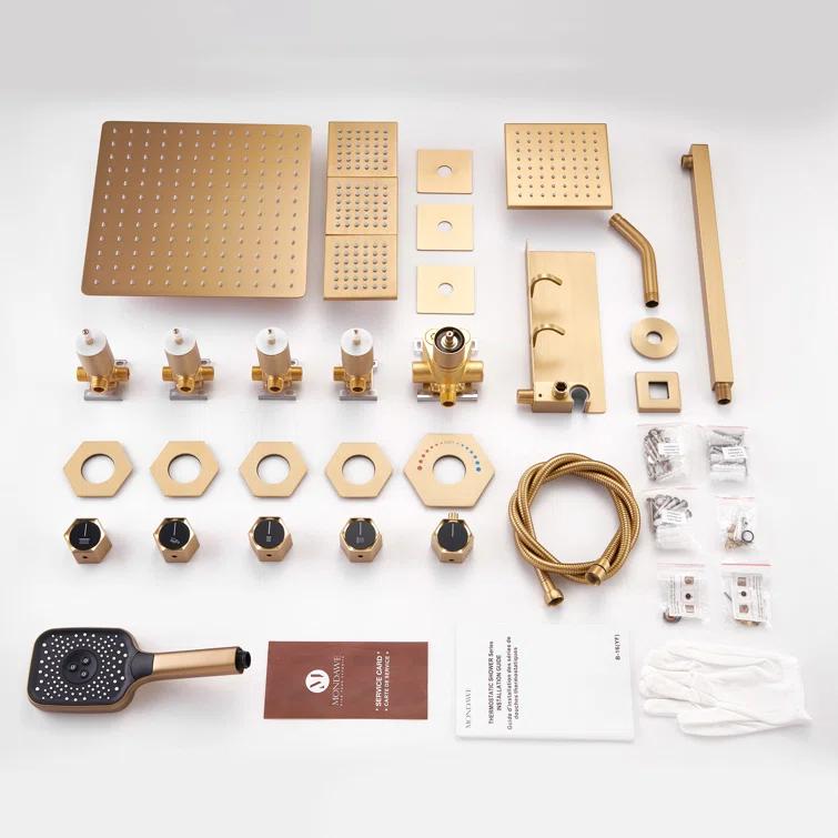 Wall Mounted Dual Shower Head Thermostatic Rainfall Shower System with 3 Body Jets and Storage Shelf