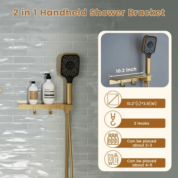 Wall Mounted Dual Shower Head Thermostatic Rainfall Shower System with 3 Body Jets and Storage Shelf