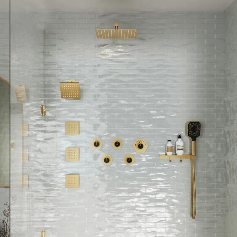 Wall Mounted Dual Shower Head Thermostatic Rainfall Shower System with 3 Body Jets and Storage Shelf