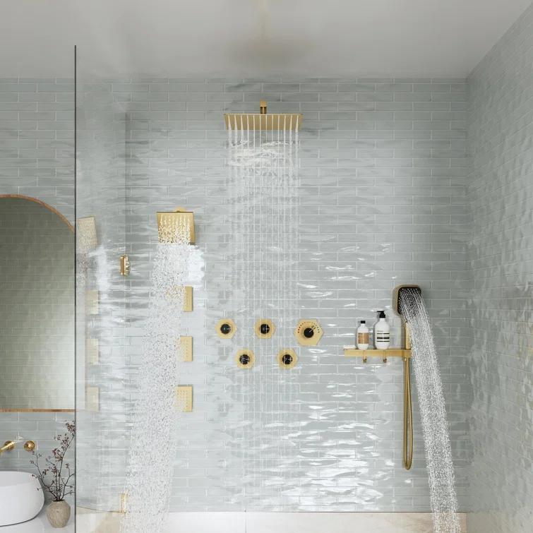 Wall Mounted Dual Shower Head Thermostatic Rainfall Shower System with 3 Body Jets and Storage Shelf