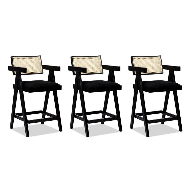 Coulten 25.5" Modern Webbing Back Bar Stool With Arms, Set Of 3, Ebony Black Boucle