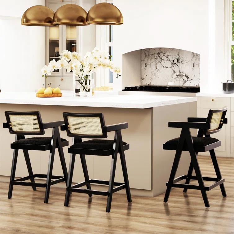 Coulten 25.5" Modern Webbing Back Bar Stool With Arms, Set Of 3, Ebony Black Boucle