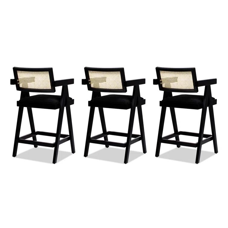 Coulten 25.5" Modern Webbing Back Bar Stool With Arms, Set Of 3, Ebony Black Boucle