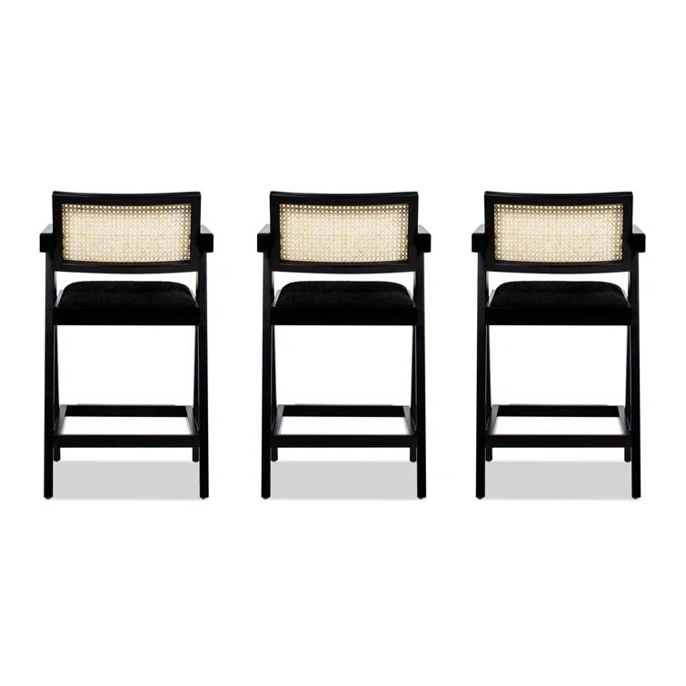 Coulten 25.5" Modern Webbing Back Bar Stool With Arms, Set Of 3, Ebony Black Boucle