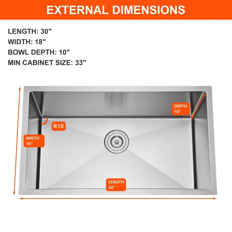 Blenzia 30 Inch Undermount Kitchen Sink 16 Gauge Stainless Steel Single Bowl Handmade Sink 30" X 18" X 10"