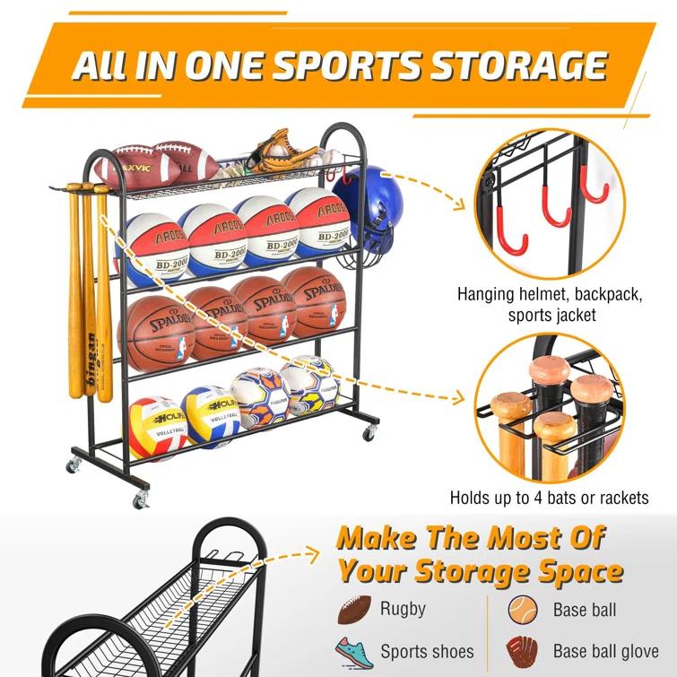 4-Layer Sports Equipment Storage Rack With Baseball Bat Holder, 3 Hooks, And Portable Design For Garage, Home, Gym, School