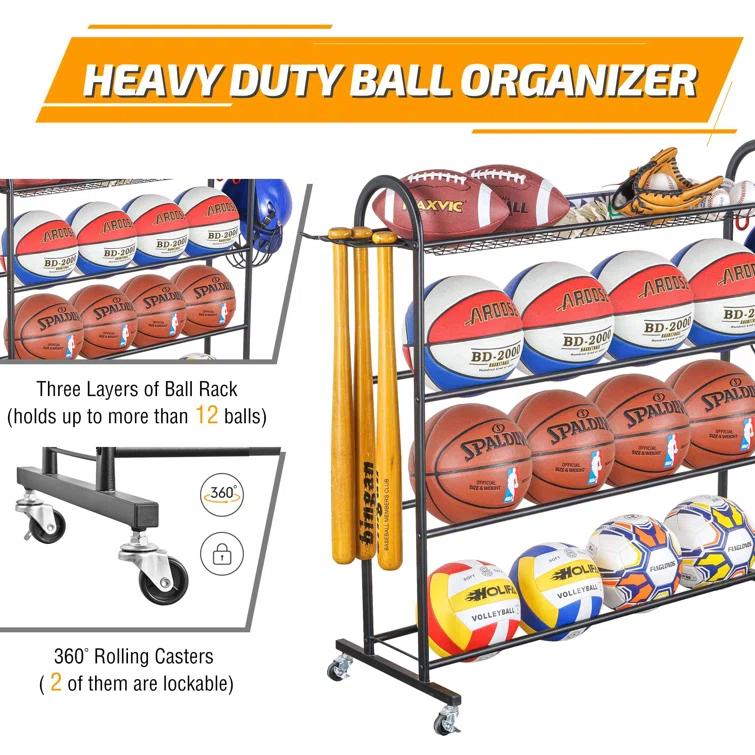 4-Layer Sports Equipment Storage Rack With Baseball Bat Holder, 3 Hooks, And Portable Design For Garage, Home, Gym, School