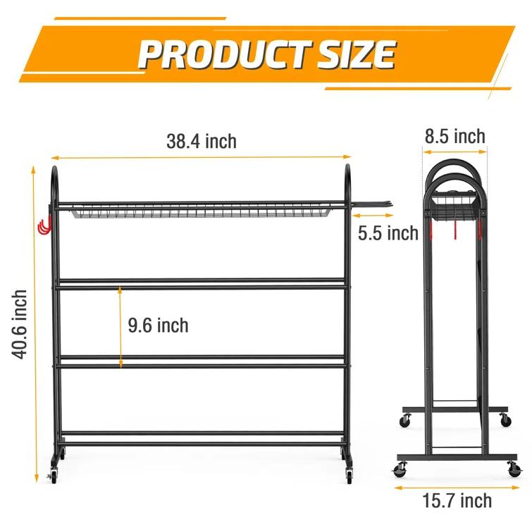 4-Layer Sports Equipment Storage Rack With Baseball Bat Holder, 3 Hooks, And Portable Design For Garage, Home, Gym, School