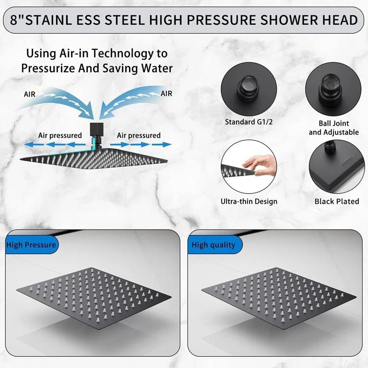 Matte Black Shower Faucet Set Bathroom Rain Shower System 8in Shower Head Combo