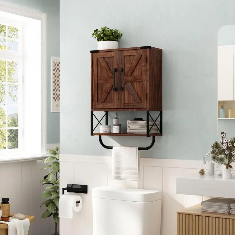Farmhouse Rustic Medicine Cabinet With Two Barn Door,Wood Wall Mounted Storage Cabinet With Adjustable Shelf And Towel Bar, 3-Tier Cabinet For Bathroom, Living Room