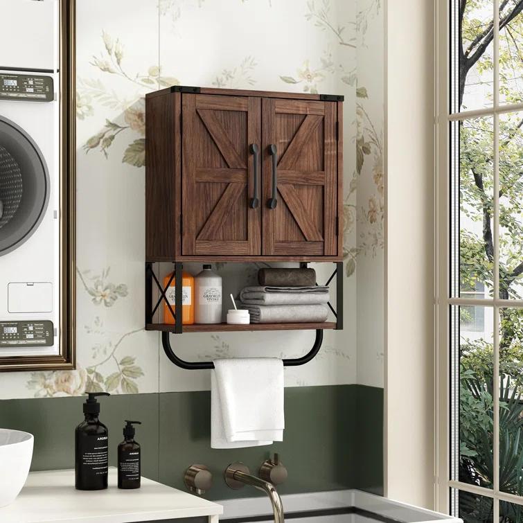 Farmhouse Rustic Medicine Cabinet With Two Barn Door,Wood Wall Mounted Storage Cabinet With Adjustable Shelf And Towel Bar, 3-Tier Cabinet For Bathroom, Living Room