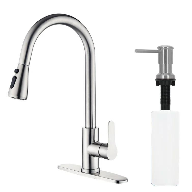 maiguoone ATKW-4047-173 Stainless Steel Single-Handle Pull-Down Sprayer Kitchen Faucet with Soap Dispenser in Brushed Nickel