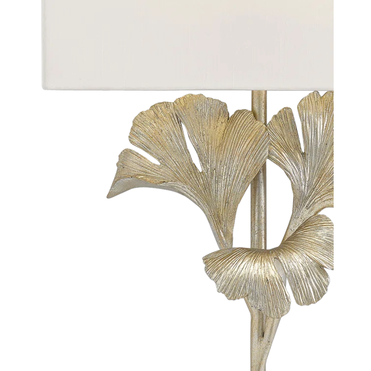 Gingko Distressed Silver Leaf 1-Light Wall Sconce with Off-White Shade