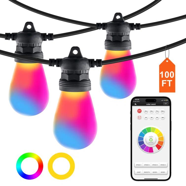 Stellweilan Tessberg 100FT RGB Outdoor String Lights Waterproof Patio Lights with APP Control