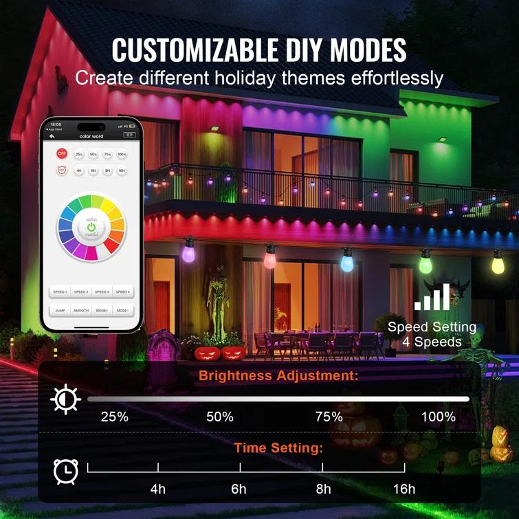 Stellweilan Tessberg 100FT RGB Outdoor String Lights Waterproof Patio Lights with APP Control