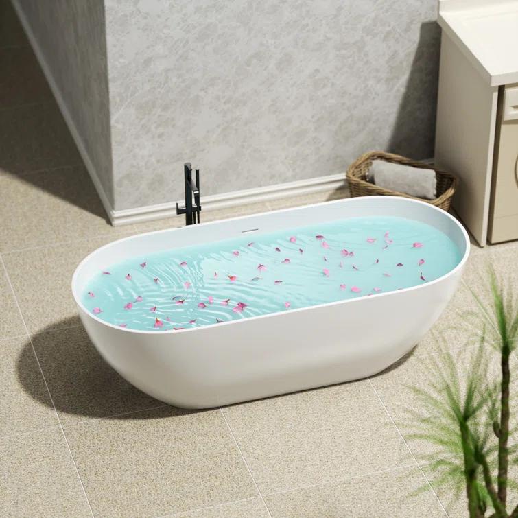 59" x 30" Freestanding Soaking Solid Surface Bathtub Stone Resin Bath Tub with Overflow and Pop-up Drain for Contemporary Bathroom, Glossy/Matte White