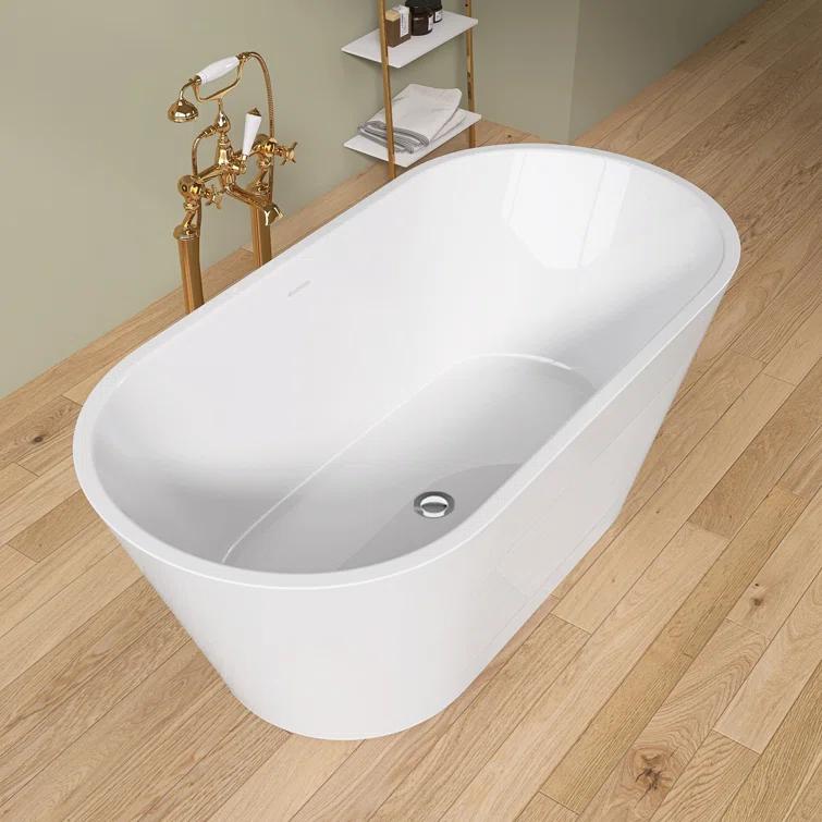 55" Freestanding Soaking Acrylic Bathtub Contemporary Stand Alone Tub with Pop-Up Drain