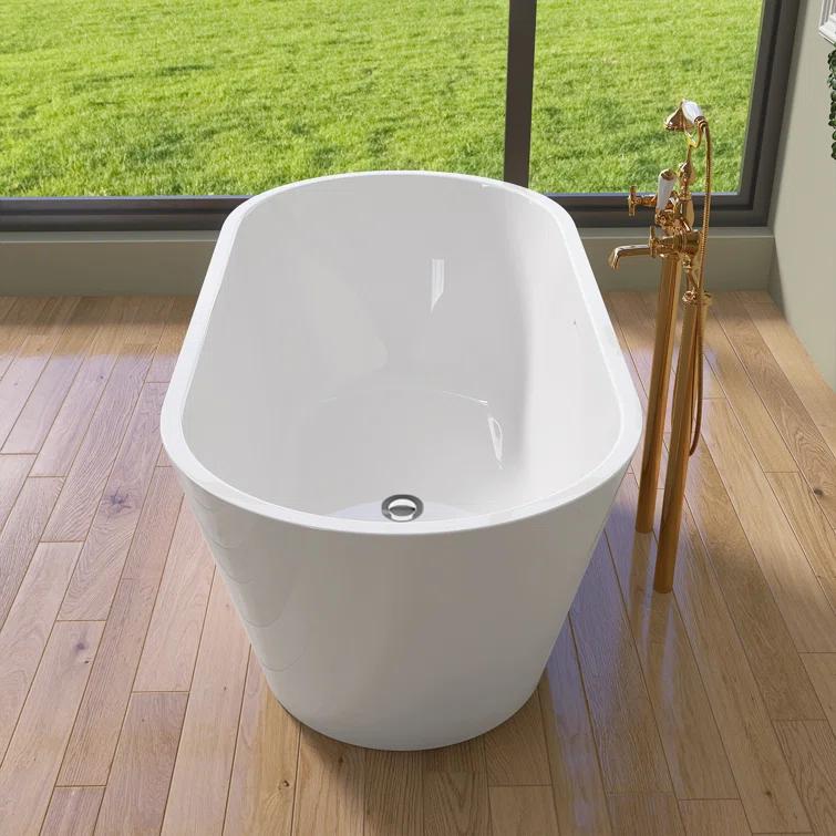 55" Freestanding Soaking Acrylic Bathtub Contemporary Stand Alone Tub with Pop-Up Drain