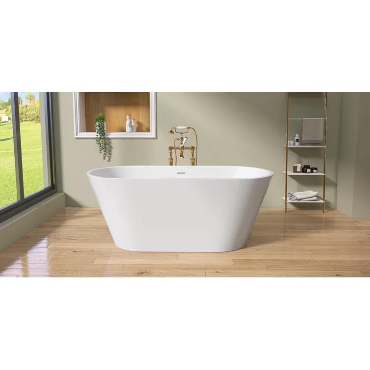55" Freestanding Soaking Acrylic Bathtub Contemporary Stand Alone Tub with Pop-Up Drain