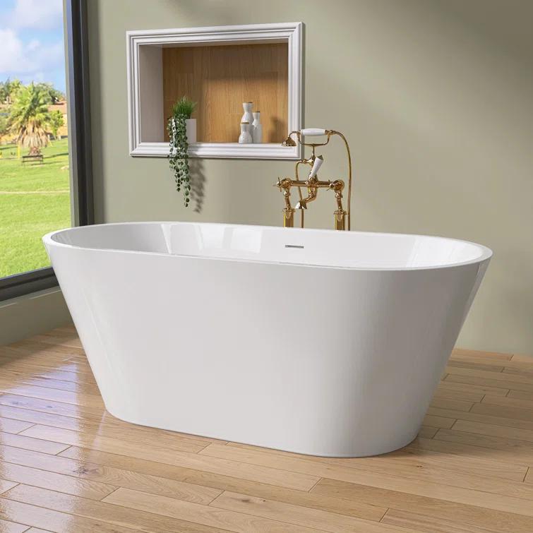 55" Freestanding Soaking Acrylic Bathtub Contemporary Stand Alone Tub with Pop-Up Drain