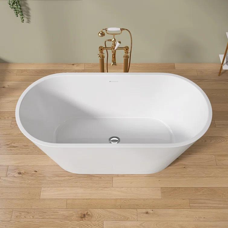 55" Freestanding Soaking Acrylic Bathtub Contemporary Stand Alone Tub with Pop-Up Drain