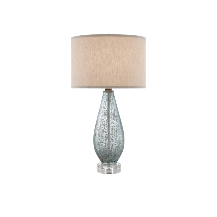 Pale Blue Speckled Glass Table Lamp with Natural Linen Shade