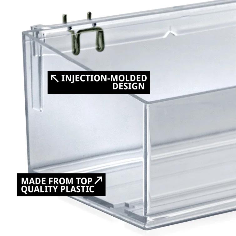 Clear 13.5” wide Open Bin Tray for Pegboard or Slatwall. Storage Container includes 2 Metal U-Hooks for hanging. Adjustable Slide In Dividers Sold Separately