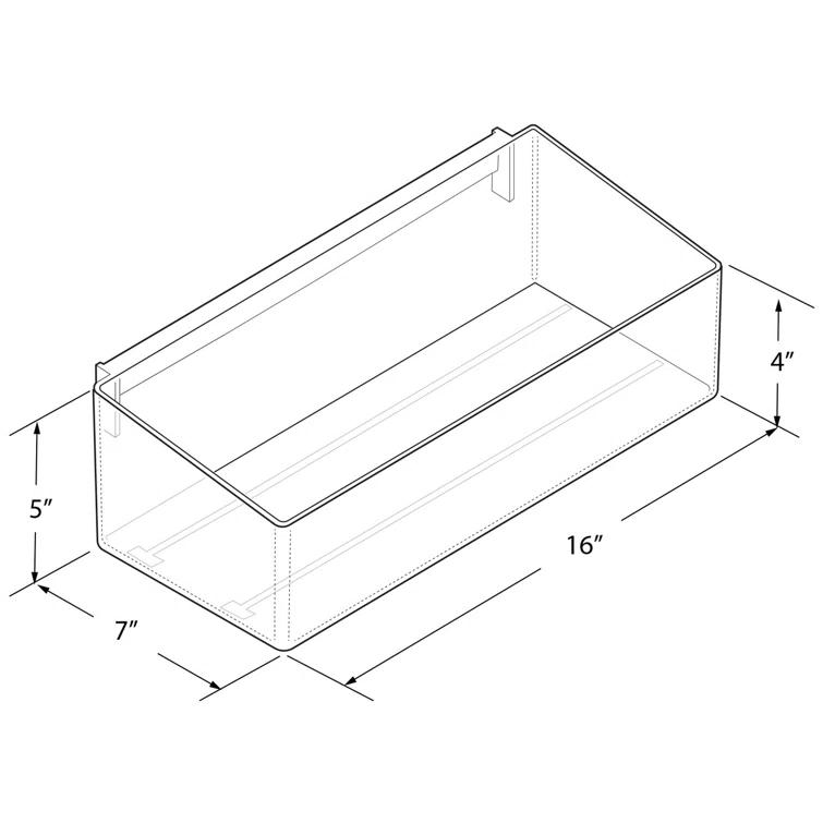 Clear 16” wide Open Bin Tray for Pegboard or Slatwall. Storage Container includes 2 Metal U-Hooks for hanging. Adjustable Slide In Dividers Sold Separately