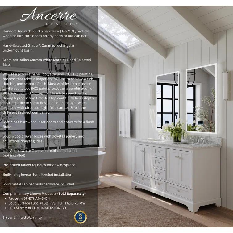 Audrey 60 in. Bath Vanity Set in White with Italian Carrara White Marble Vanity top and White Undermount Basin