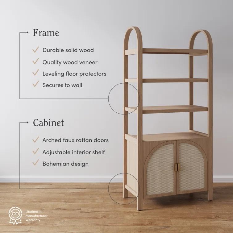Boho 3-Shelf Bookshelf Cabinet With Rattan Doors